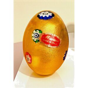 Murano Millefiori Italy Art Glass Gold Lg Egg Paperweight 3.5" H Orig Label